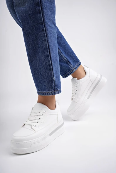 Muggo TOMOVA Garantili Günlük Kalın Taban Bağcıklı Taşlı Kadın Sneaker Spor Ayakkabı - 5