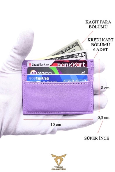 Kadın Kartlık Vegan Deri Minimal Model 6 Kart - 1 Kâğıt Para Bölmeli Lila - 5