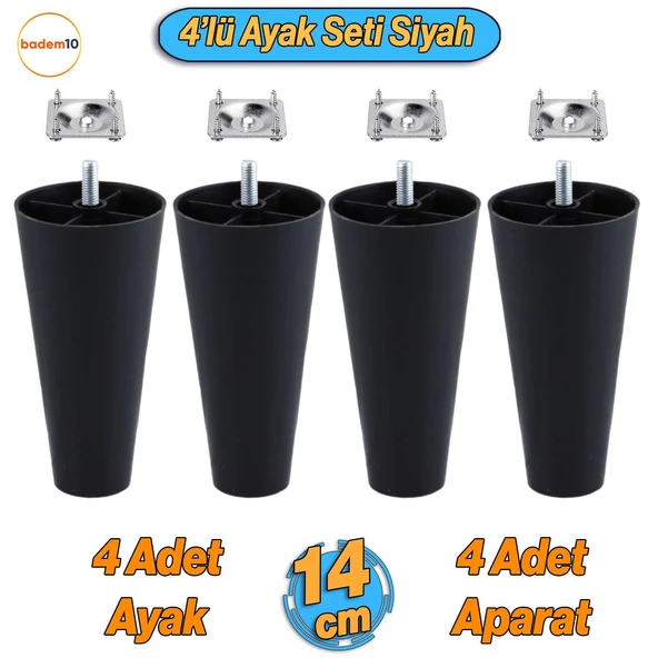 4 Adet Plastik Ayak 14 cm Mobilya Sehpa Kanepe Ünite Koltuk Ayağı Baza Ayakları Siyah Aparat Dahil