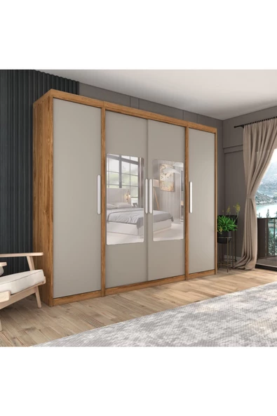 yılwood Sürgülü Gardırop İki Taraflı Boydan Kapaklı Orta Sürgülü Dolap 60+140+60 cm KÜL GRİ + UD - 2