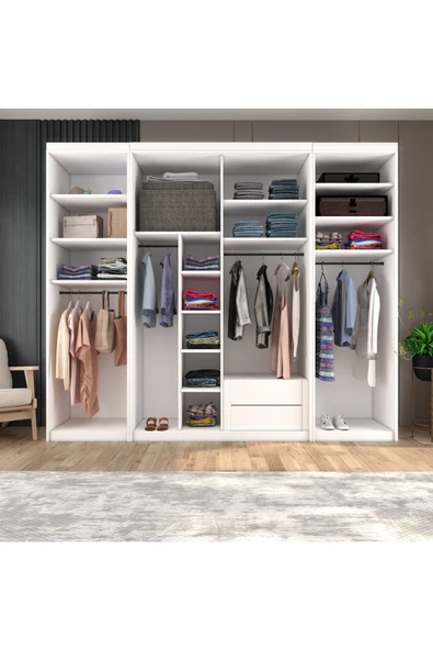 yılwood Sürgülü Gardırop İki Taraflı Boydan Kapaklı Orta Sürgülü Dolap 60+140+60 cm (PARLAK BEYAZ + UD) - 3