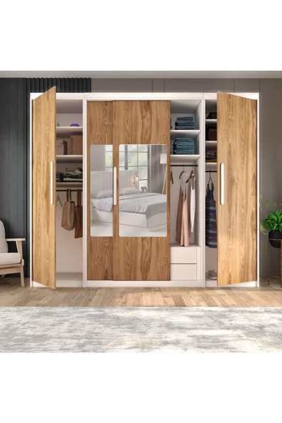 yılwood Sürgülü Gardırop İki Taraflı Boydan Kapaklı Orta Sürgülü Dolap 60+140+60 cm (PARLAK BEYAZ + UD) - 4