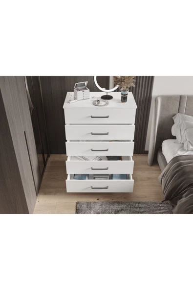 yılwood Şifonyer Beş Çekmeceli Aynalı (PARLAK BEYAZ) - 3