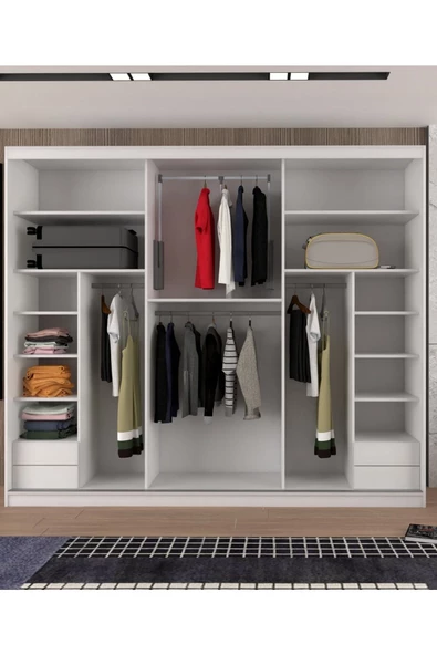 yılwood Sürgülü Gardırop Boydan Kapaklı Tavana Kadar Kapaklı Çıtalı Dolap 280/245 Cm (PARLAK BEYAZ) Rengi - 4