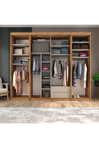 yılwood Sürgülü Gardırop İki Taraflı Boydan Kapaklı Orta Sürgülü Dolap 60+140+60 cm KÜL GRİ + UD - 3