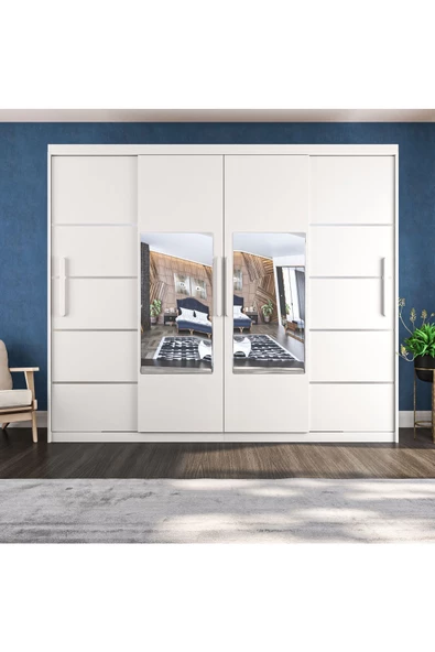 yılwood Sürgülü Gardırop Dört Kapaklı Aynalı Beyaz Dolap 320*230 Cm - 3