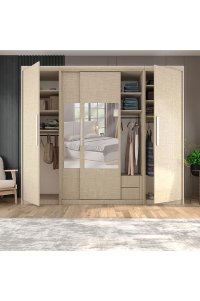 yılwood Sürgülü Gardırop İki Taraflı Boydan Kapaklı Orta Sürgülü Dolap 60+140+60 cm (KOTON VİZON) - 4