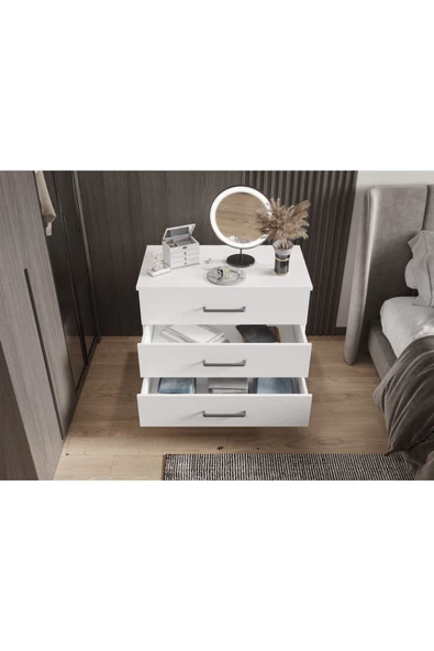 yılwood Şifonyer Üç Çekmeceli Aynalı (PARLAK BEYAZ) - 3