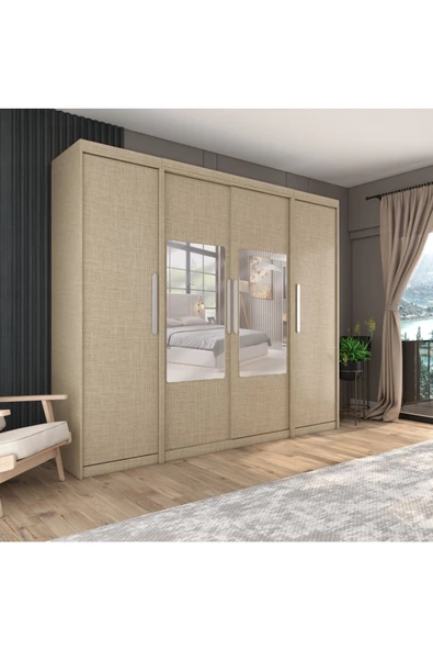 yılwood Sürgülü Gardırop İki Taraflı Boydan Kapaklı Orta Sürgülü Dolap 60+140+60 cm (KOTON VİZON) - 2