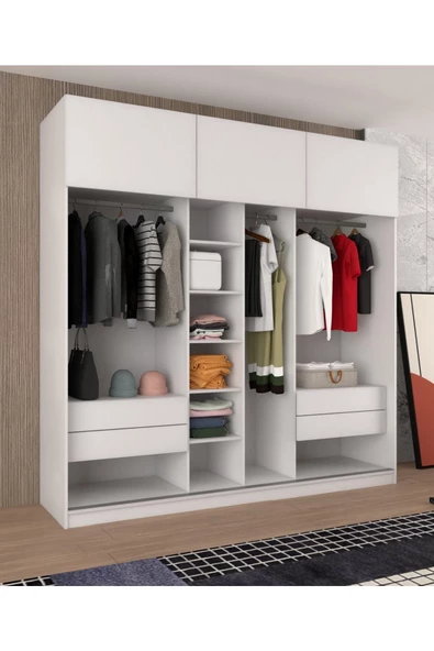 yılwood Sürgülü Gardırop Kısmi Kapaklı 240/245 Cm Boydan Kapaklı Dolap (PARLAK BEYAZ) Rengi - 4