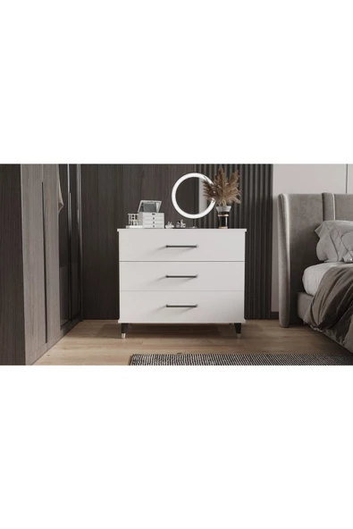 yılwood Şifonyer Üç Çekmeceli Aynalı (PARLAK BEYAZ) - 2