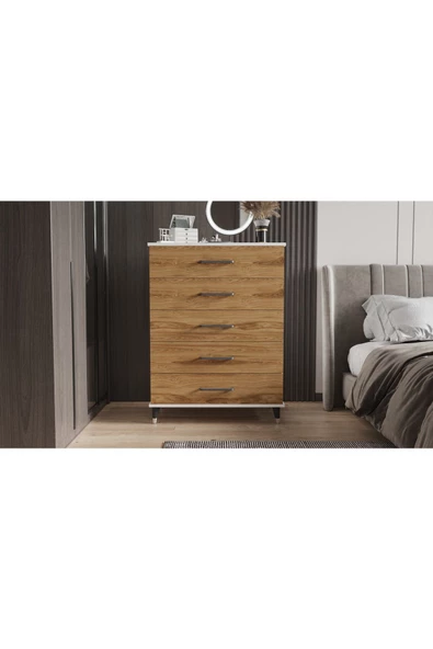 yılwood Şifonyer Beş Çekmeceli (PARLAK BEYAZ+UD) - 2