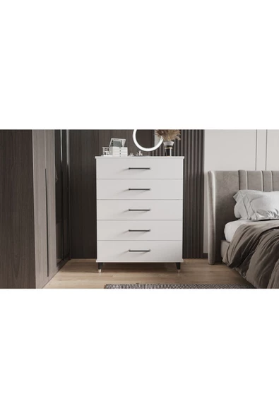 yılwood Şifonyer Beş Çekmeceli Aynalı (PARLAK BEYAZ) - 2