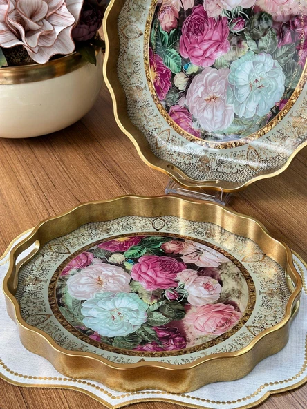 Red Rose 2'li Oval Ahşap Tepsi - 2