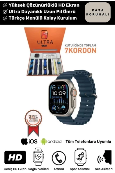 Ultra 7 in 1 Strap Bluetooth Arama Yanıtlama Bildirim Kasa Koruma Akıllı Saat + 7 Renkli Kordon