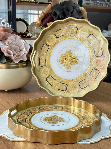 Luxury 2'li Yuvarlak Ahşap Tepsi - 3