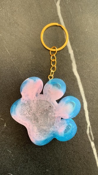 Mavi Pembe Ebruli Renk Gold Aksesuarlı Kedi Köpek Pati Epoksi Anahtarlık El Yapımı Hediyelik - 6