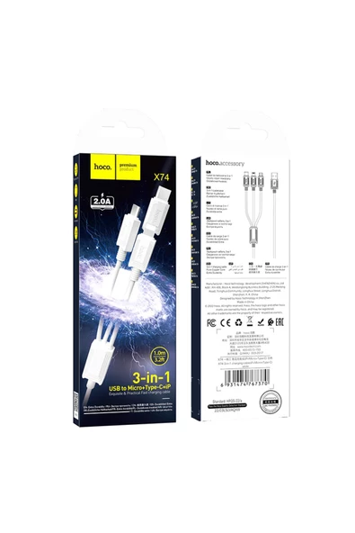 Hoco X74 3 in 1 Hızlı Şarj Kablosu - USB to Lightning Micro-USB Type-C - Premium Product - 5