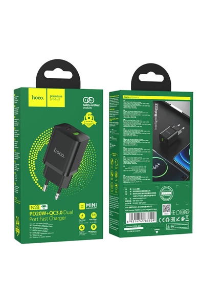 Hoco N28 Founder, tek Type-C 20W ve tek USB-A 18W Portlu Şarj Adaptörü - Premium Product