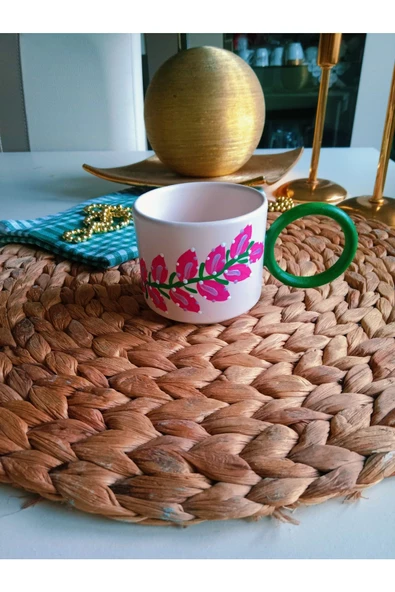 Anneler Günü Özel El Yapımı Pembe Işlemeli Çiçekli Kupa/150ml - Resim 3