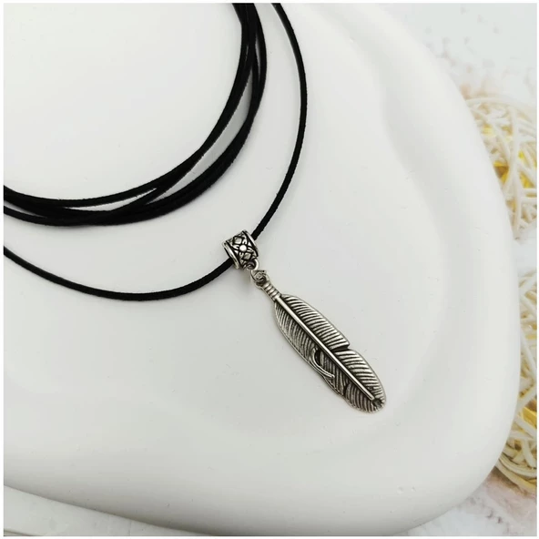 Siyah Süet - Tüy Kolye Ucu Kadın Choker Kolye - 3