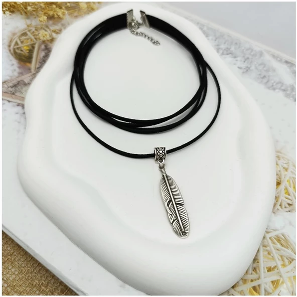 Siyah Süet - Tüy Kolye Ucu Kadın Choker Kolye - 2