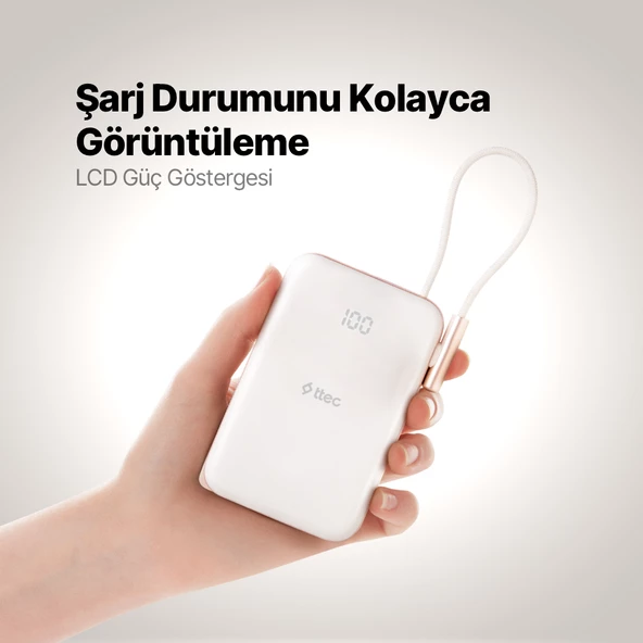 ttec ReCharger Pro M LCD 10.000mAh MagSafe Uyumlu PD 20W USB-C Dahili Kablolu Stantlı Taşınabilir Hı - 5