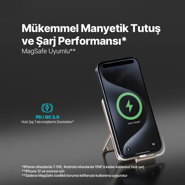 ttec ReCharger Pro M LCD 10.000mAh MagSafe Uyumlu PD 20W USB-C Dahili Kablolu Stantlı Taşınabilir Hı - 3