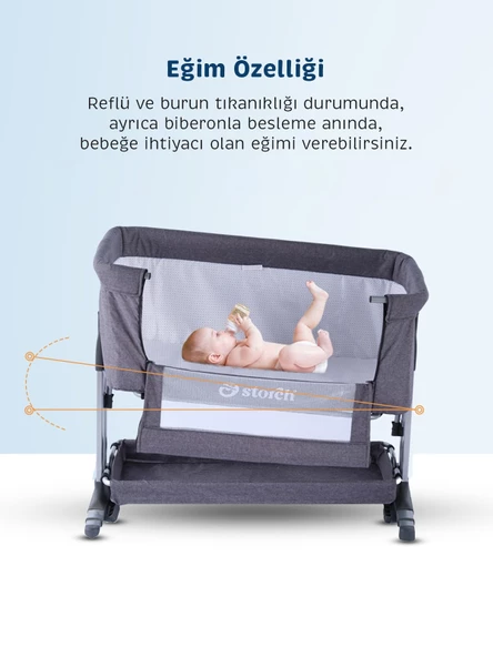 Baby Storch - Sallanabilir Anne Yanı Portatif Beşik - Yükseklik Ayarlı, Cibinlik ve Tekerlekli - 4