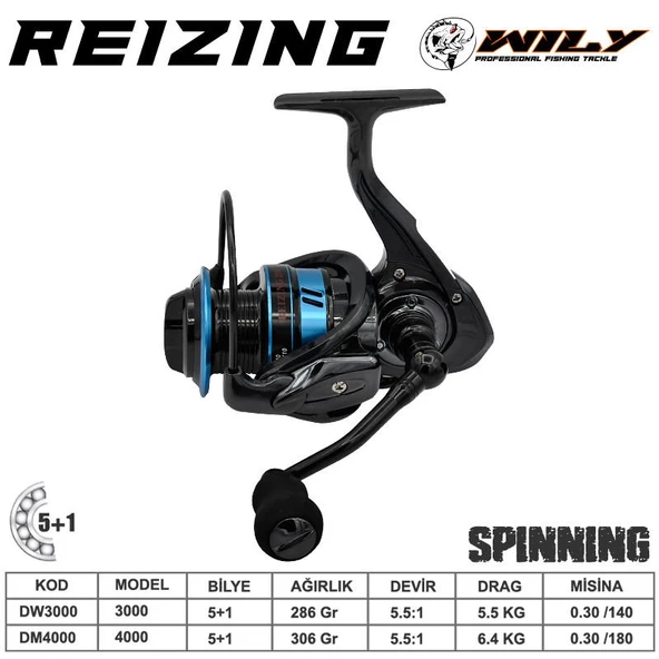 Wily Reizing 4000 5+1 Bilyalı 5.5:1 Devirli Spin Olta Makinesi