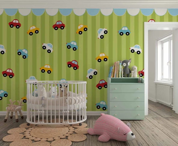 Renkli Arabalar Çocuk Odası Duvar Kağıdı Baskı - Resim 2