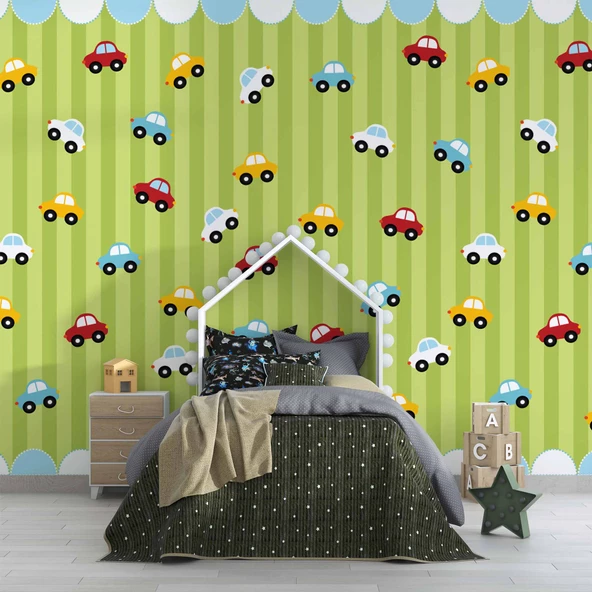 Renkli Arabalar Çocuk Odası Duvar Kağıdı Baskı - Resim 4
