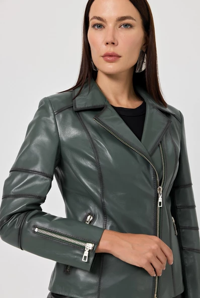 Diana Yeşil Kadın Deri Mont - 6