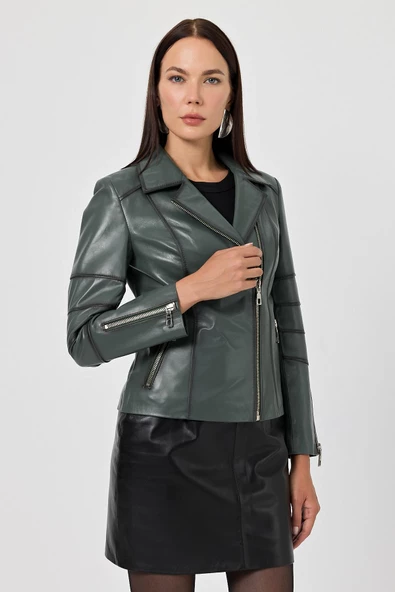 Diana Yeşil Kadın Deri Mont - 5