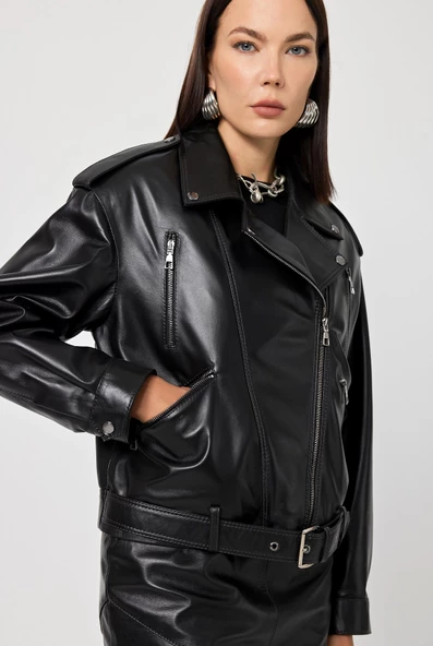 Emily Siyah Oversize Deri Mont - 5