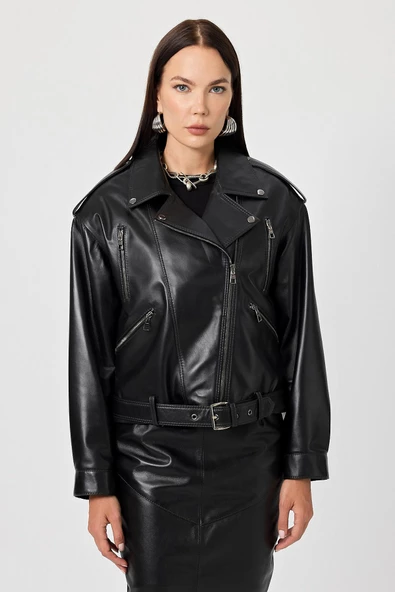 Emily Siyah Oversize Deri Mont