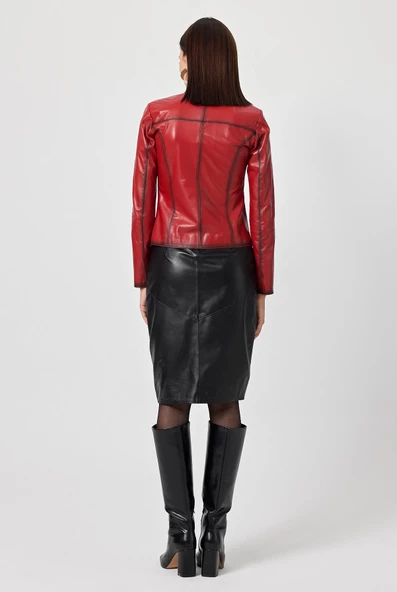 Antonella Kırmızı Kadın Deri Mont - 4