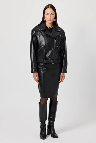 Emily Siyah Oversize Deri Mont - 3