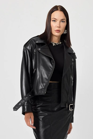 Emily Siyah Oversize Deri Mont - 2