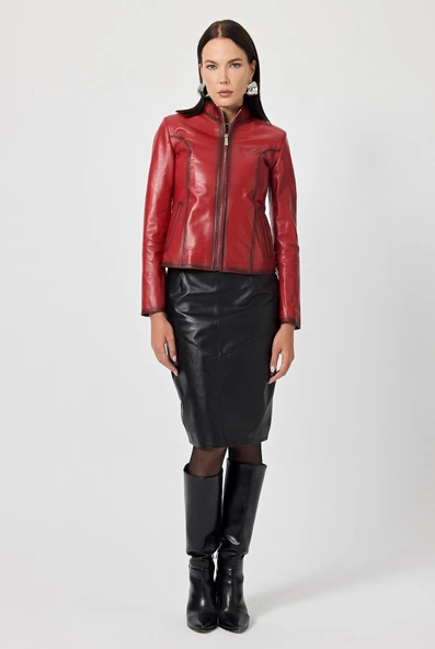 Antonella Kırmızı Kadın Deri Mont - 3