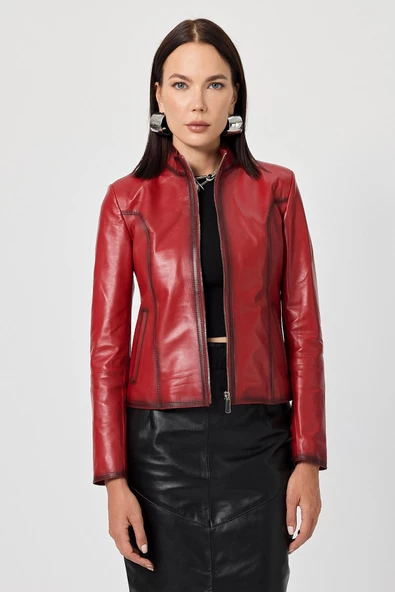 Antonella Kırmızı Kadın Deri Mont - 2