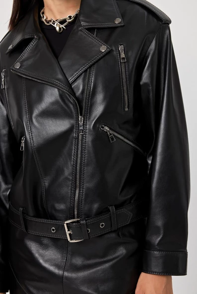 Emily Siyah Oversize Deri Mont - 6