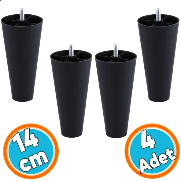 Mobilya Yükseltici Kanepe TV Ünitesi Koltuk Ayağı Baza Ayakları Siyah Düz Plastik Ayak 14 cm 4 Adet ürün görseli