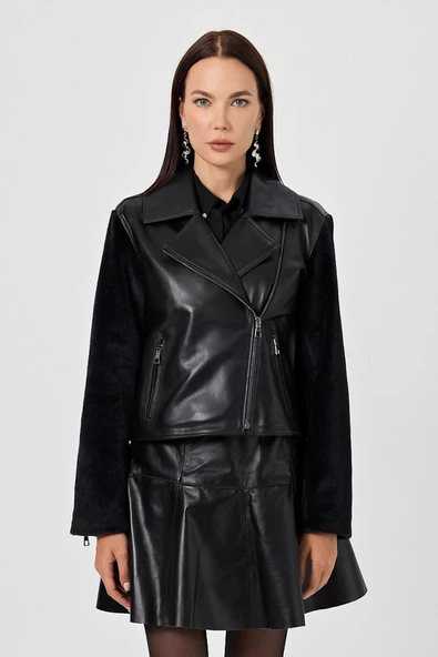 Pamela Siyah Kadın Deri Mont