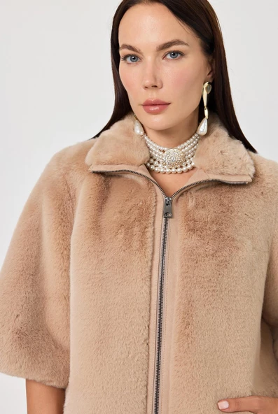 Cecilia Camel Kadın Tüylü Mont - 6