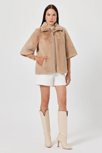 Cecilia Camel Kadın Tüylü Mont - 3