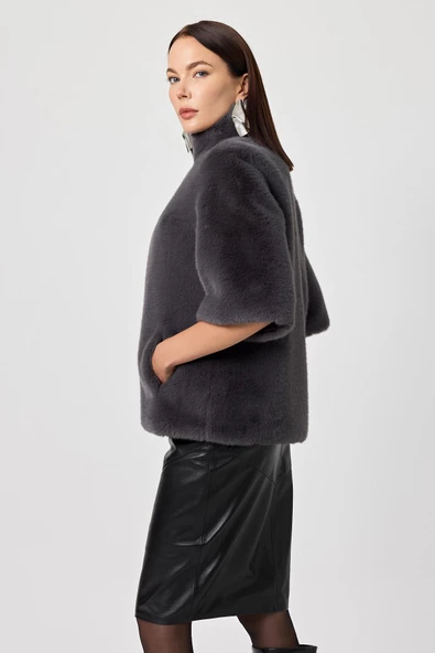 Cecilia Kül Gri Kadın Tüylü Mont - 5