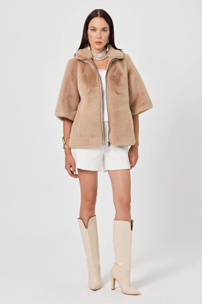 Cecilia Camel Kadın Tüylü Mont - 5