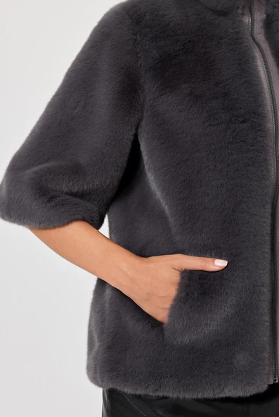 Cecilia Kül Gri Kadın Tüylü Mont - 6