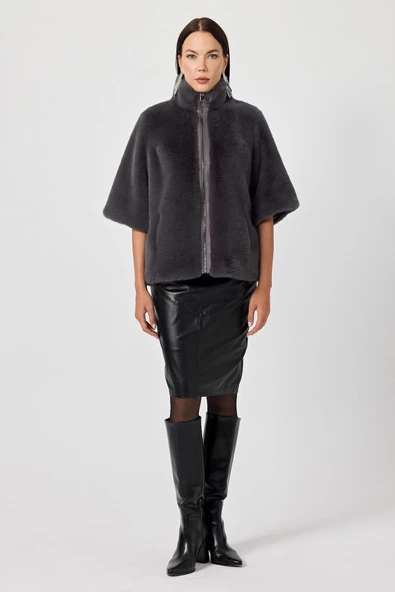 Cecilia Kül Gri Kadın Tüylü Mont - 3